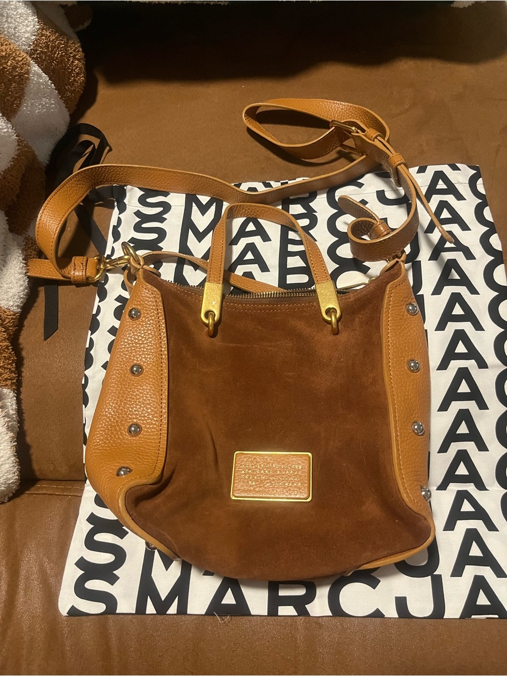 Marc Jacobs Brown Suede & Tan Leather Shoulder Bag with Gold Hardware